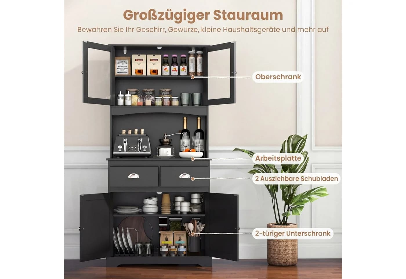 COSTWAY Küchenbuffet Schwarz mit verstellbaren Regalen und Schubladen - Bild 4