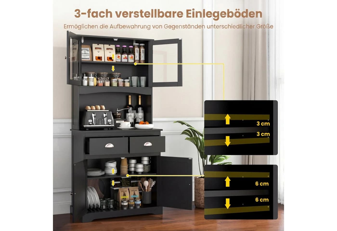 COSTWAY Küchenbuffet Schwarz mit verstellbaren Regalen und Schubladen - Bild 5