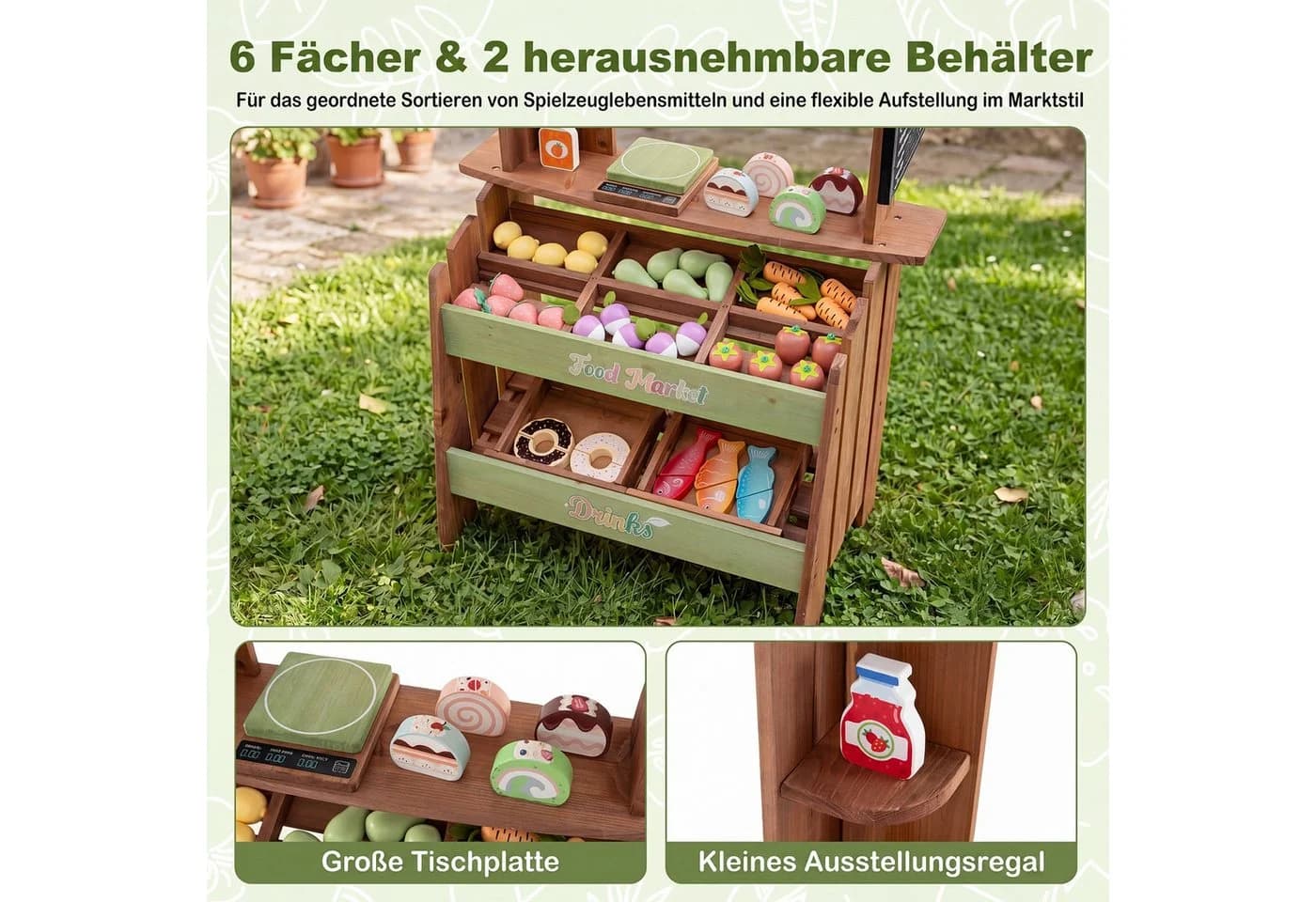 COSTWAY Kaufladen Tannenholz 43-tlg. mit 6 Fächern & 2 Boxen - Bild 3