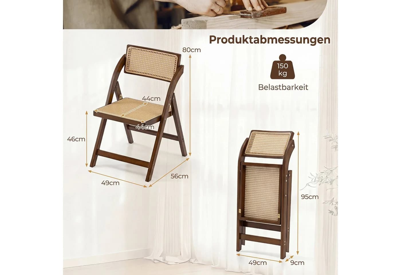 COSTWAY Klappstuhl 2er Set Esszimmerstühle Bambus Natur - Bild 5