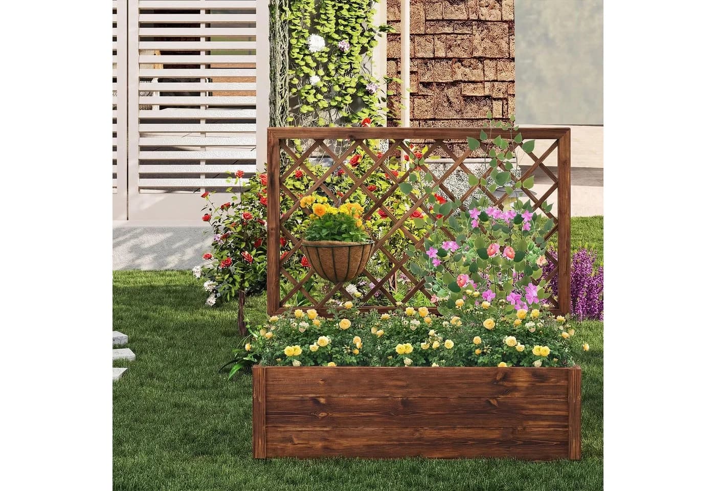 COSTWAY Blumenkasten Hochbeet mit Rankgitter Braun Kiefernholz