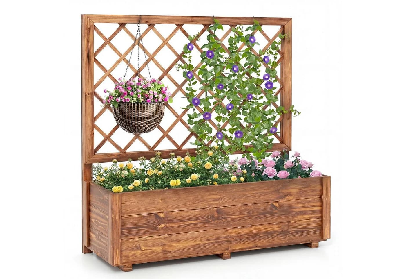 COSTWAY Blumenkasten Hochbeet mit Rankgitter Braun Kiefernholz - Bild 2