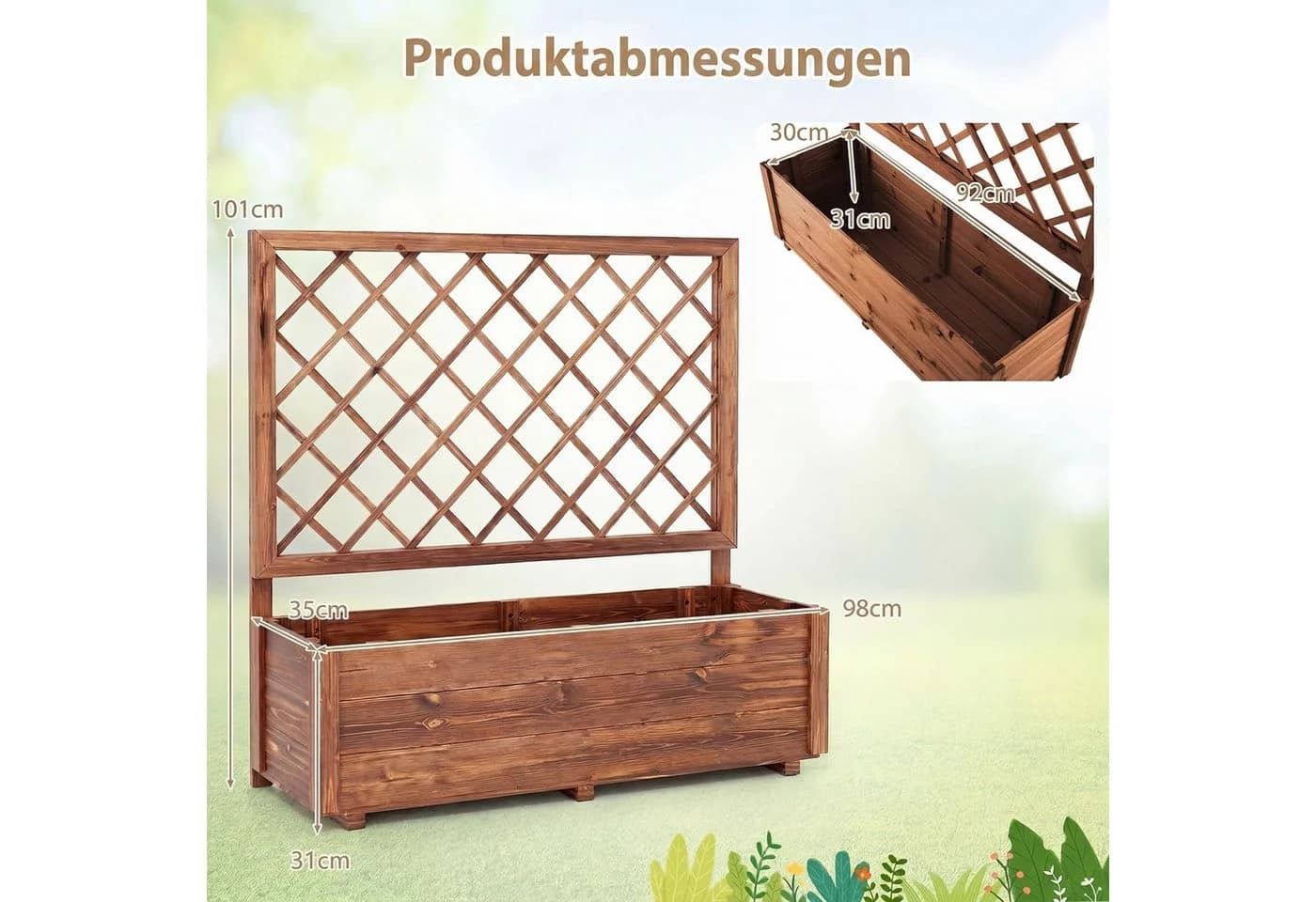 COSTWAY Blumenkasten Hochbeet mit Rankgitter Braun Kiefernholz - Bild 3