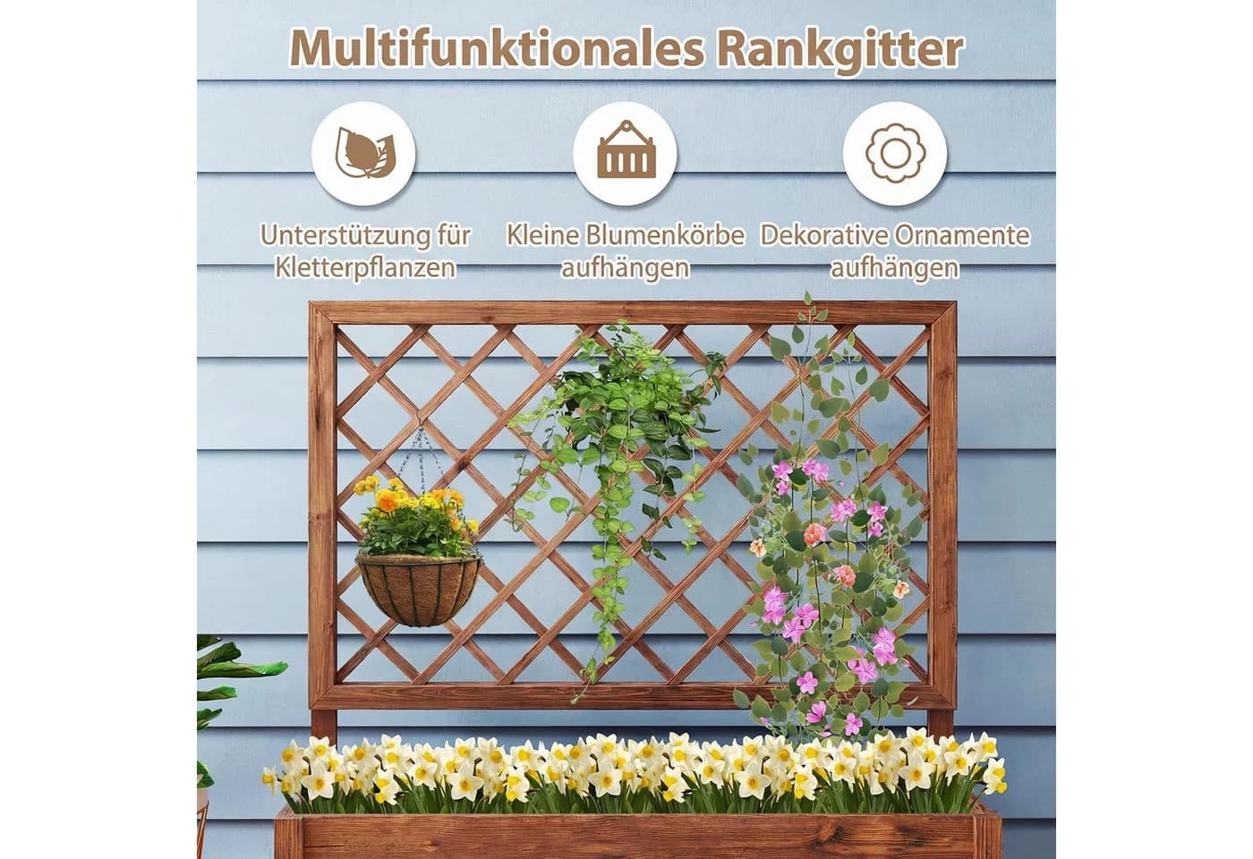 COSTWAY Blumenkasten Hochbeet mit Rankgitter Braun Kiefernholz - Bild 4