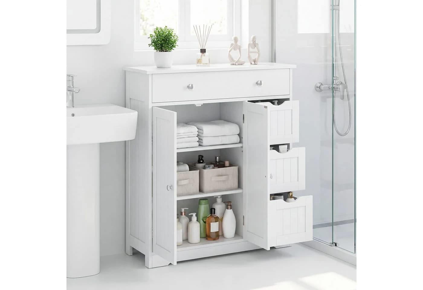 COSTWAY Badkommode mit 4 Schubladen und 2-Tür-Schrank Weiß