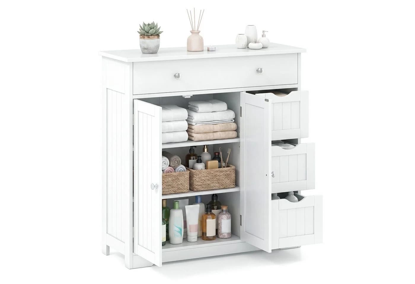 COSTWAY Badkommode mit 4 Schubladen und 2-Tür-Schrank Weiß - Bild 2