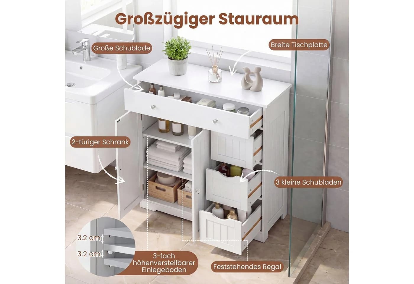 COSTWAY Badkommode mit 4 Schubladen und 2-Tür-Schrank Weiß - Bild 3