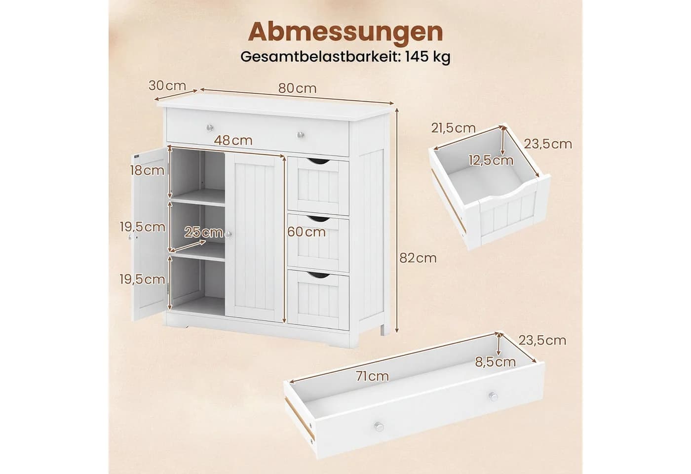 COSTWAY Badkommode mit 4 Schubladen und 2-Tür-Schrank Weiß - Bild 5