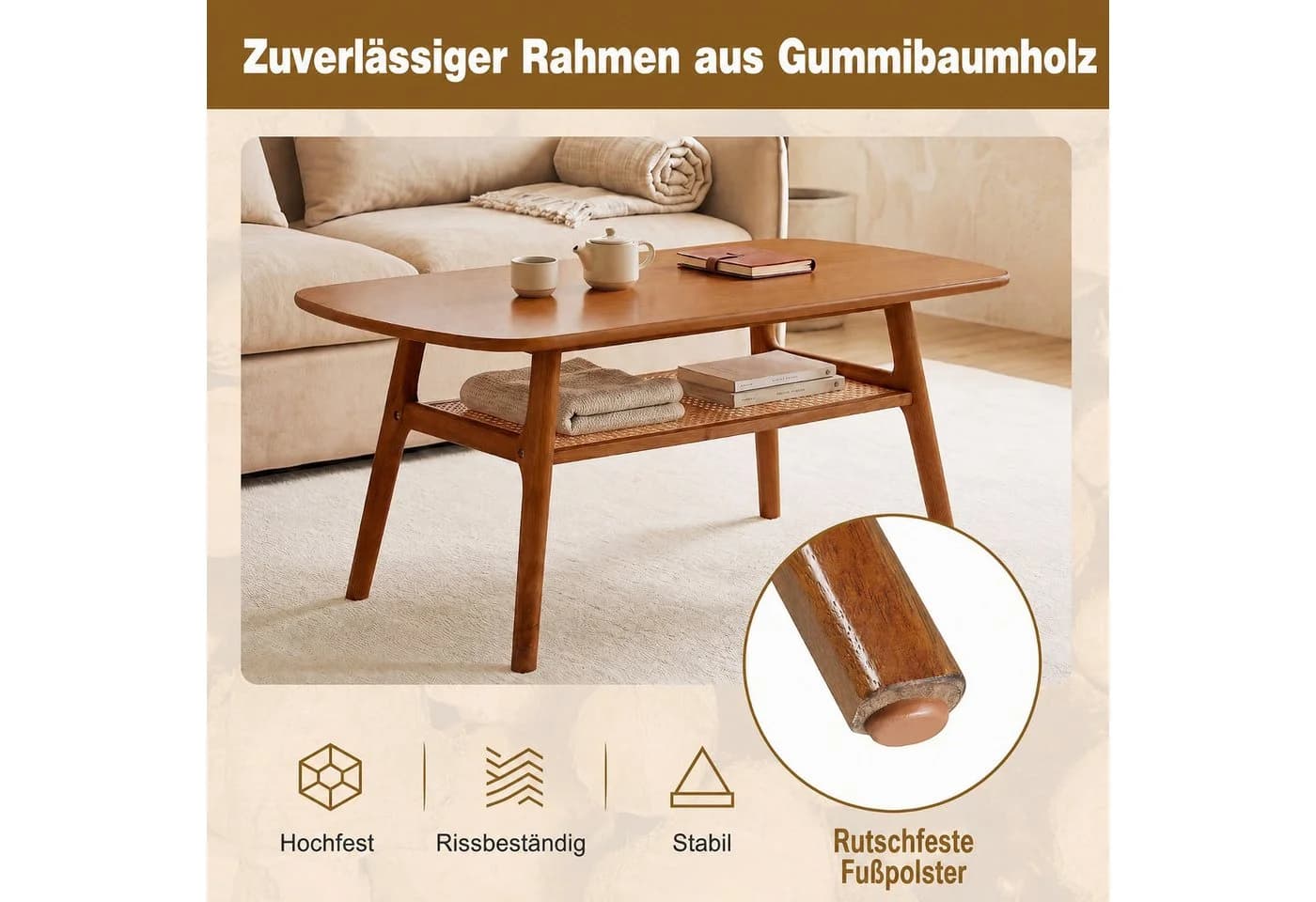 COSTWAY Couchtisch Holz Braun mit Ablage - Bild 3