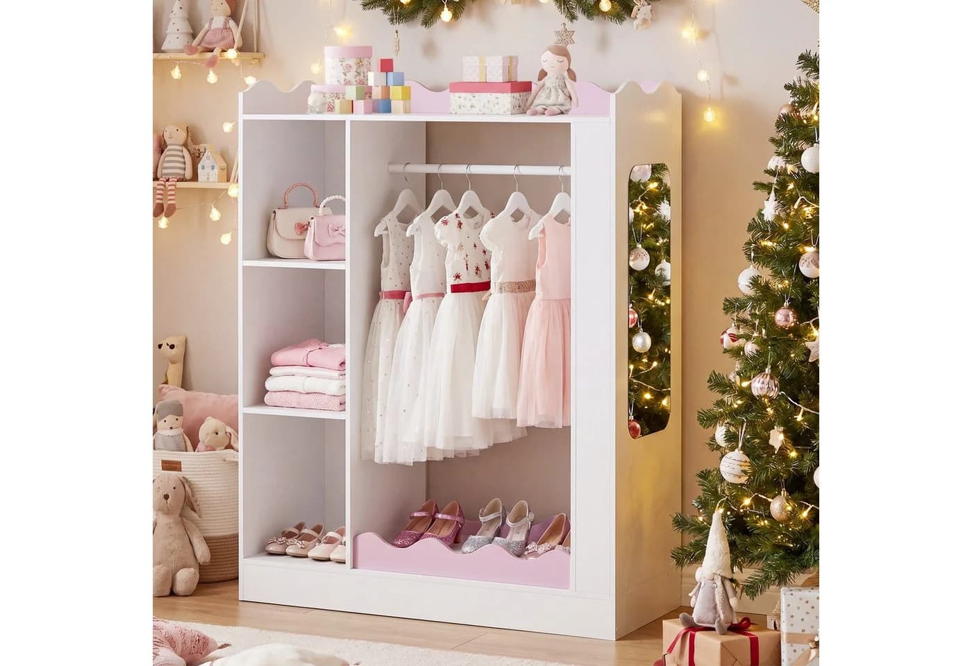 COSTWAY Kinderkleiderschrank Rosa/Weiß mit Spiegeln und Kleiderstange