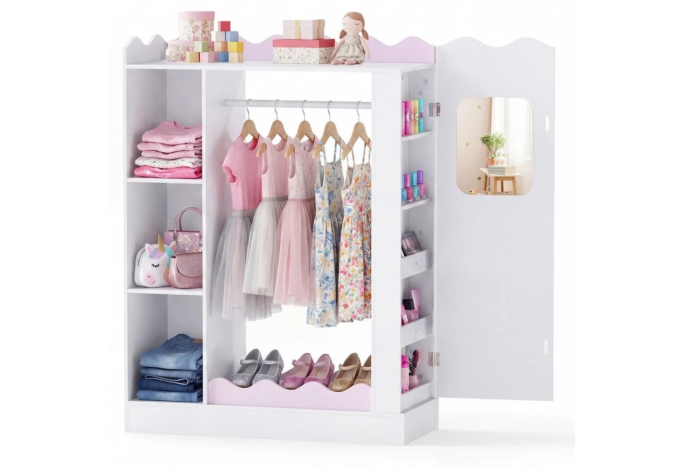 COSTWAY Kinderkleiderschrank Rosa/Weiß mit Spiegeln und Kleiderstange - Bild 2