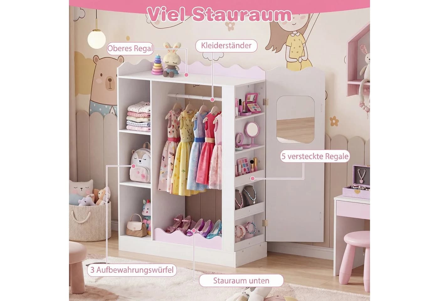COSTWAY Kinderkleiderschrank Rosa/Weiß mit Spiegeln und Kleiderstange - Bild 3