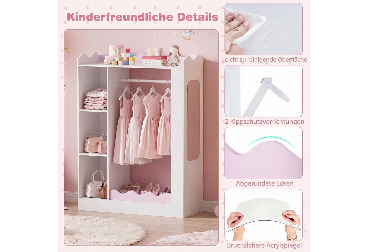 COSTWAY Kinderkleiderschrank Rosa/Weiß mit Spiegeln und Kleiderstange - Bild 4
