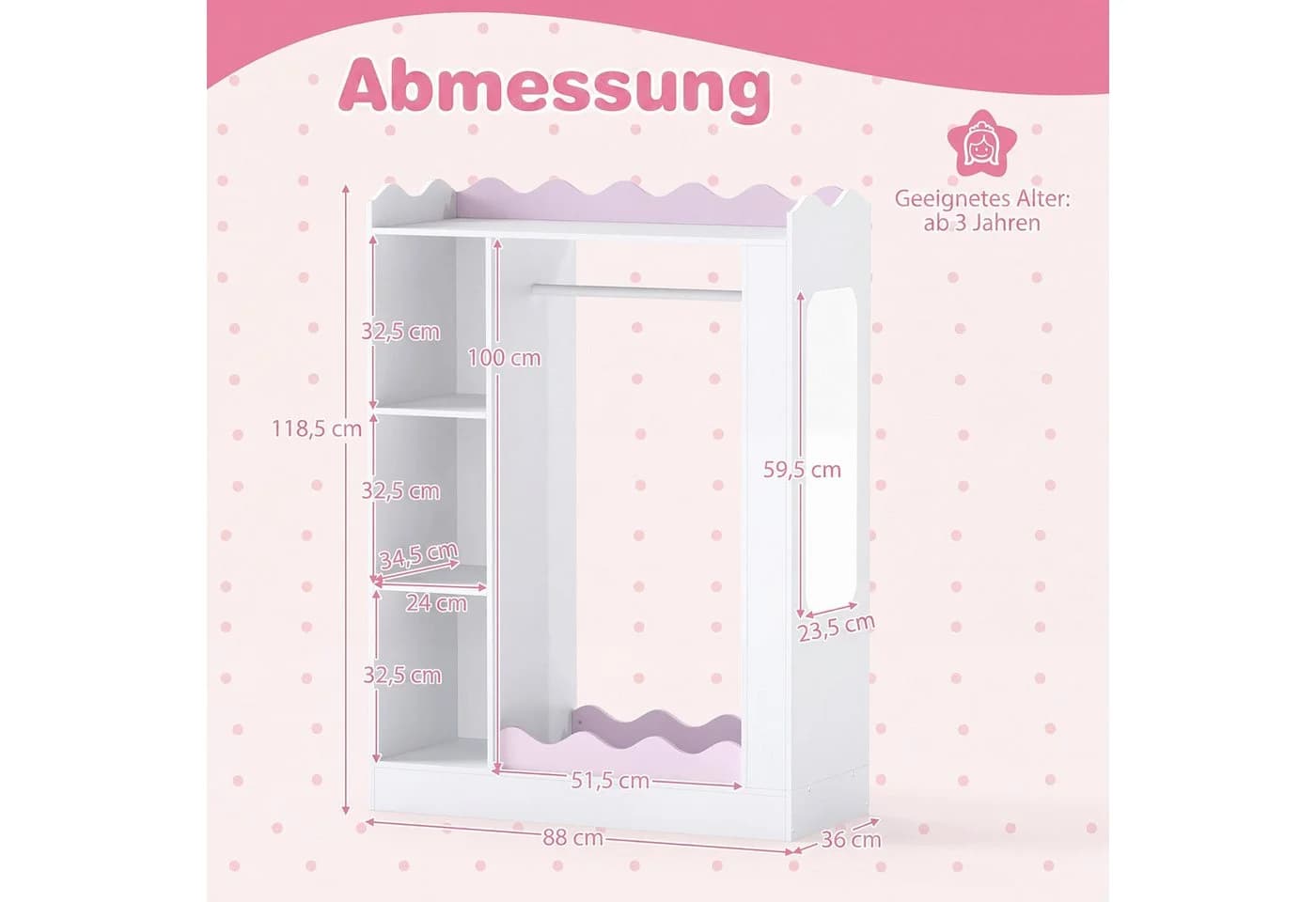 COSTWAY Kinderkleiderschrank Rosa/Weiß mit Spiegeln und Kleiderstange - Bild 5