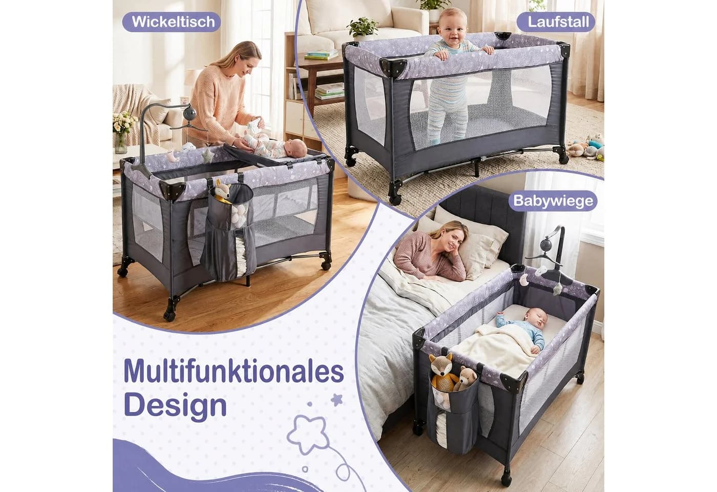 COSTWAY Beistellbett 3 in 1 Reisebett Grau Klappbar mit Matratze