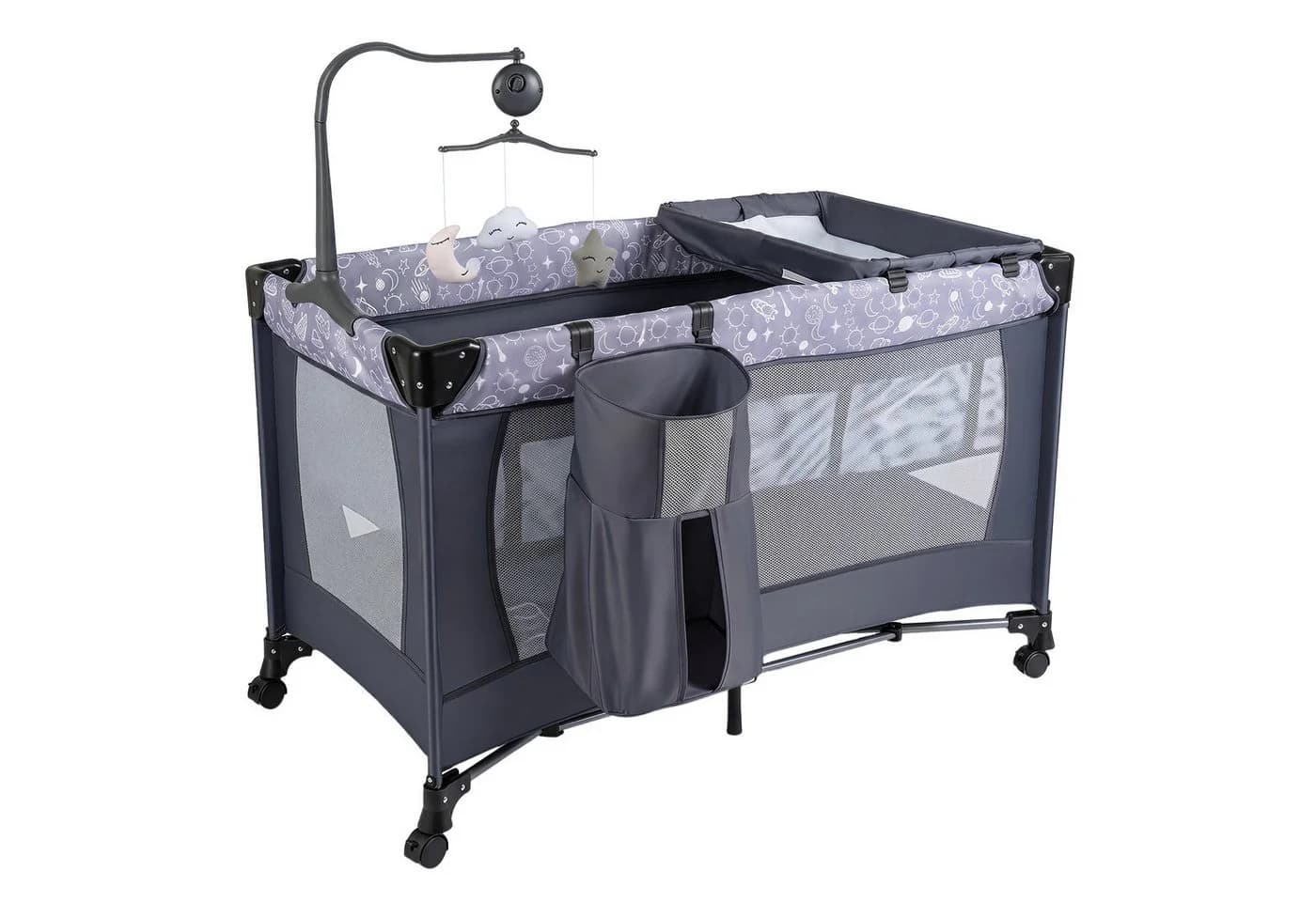 COSTWAY Beistellbett 3 in 1 Reisebett Grau Klappbar mit Matratze - Bild 2