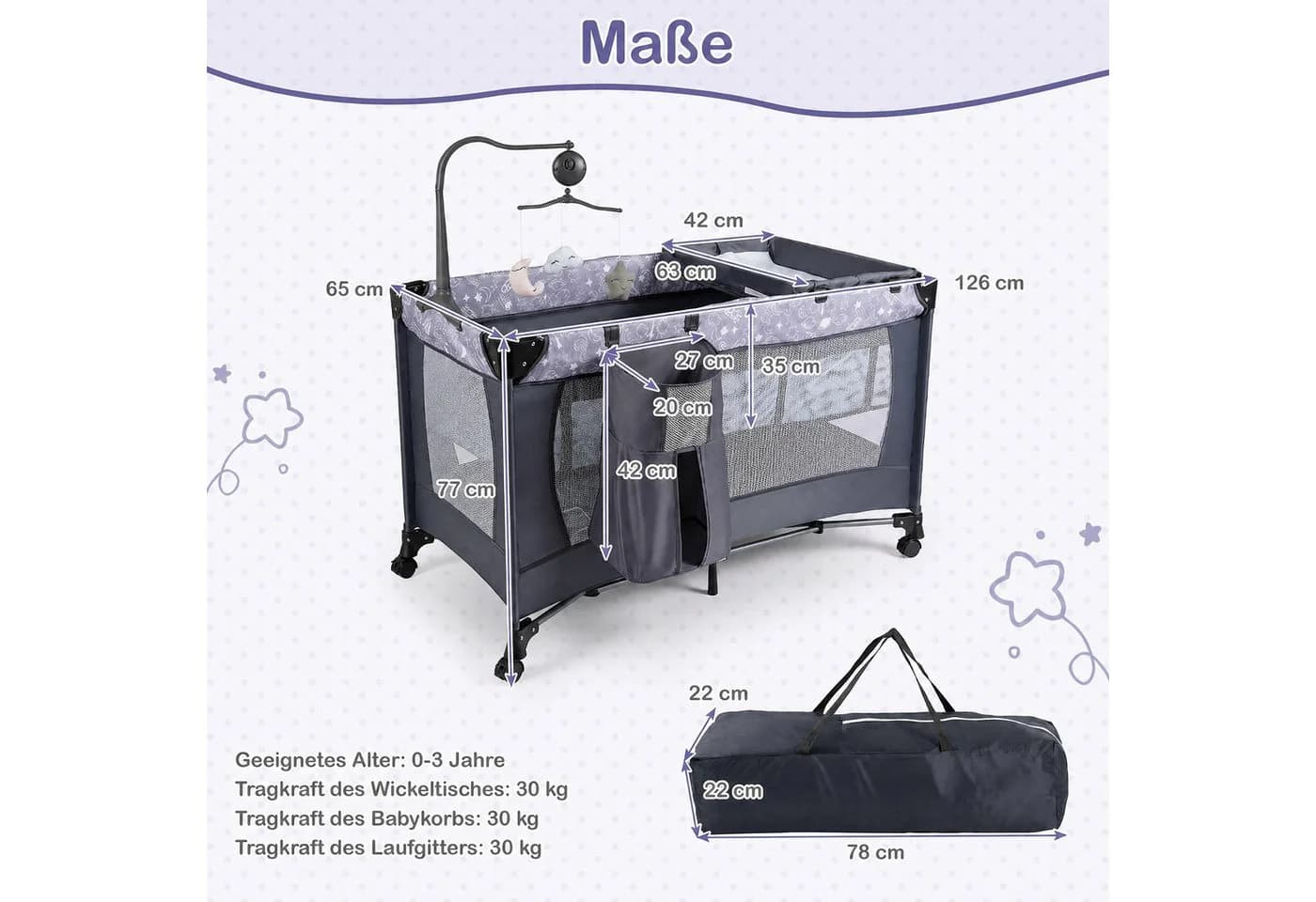 COSTWAY Beistellbett 3 in 1 Reisebett Grau Klappbar mit Matratze - Bild 3