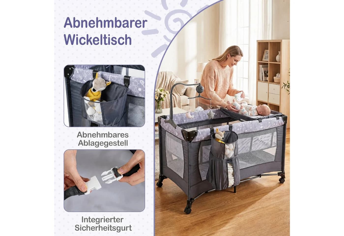 COSTWAY Beistellbett 3 in 1 Reisebett Grau Klappbar mit Matratze - Bild 4