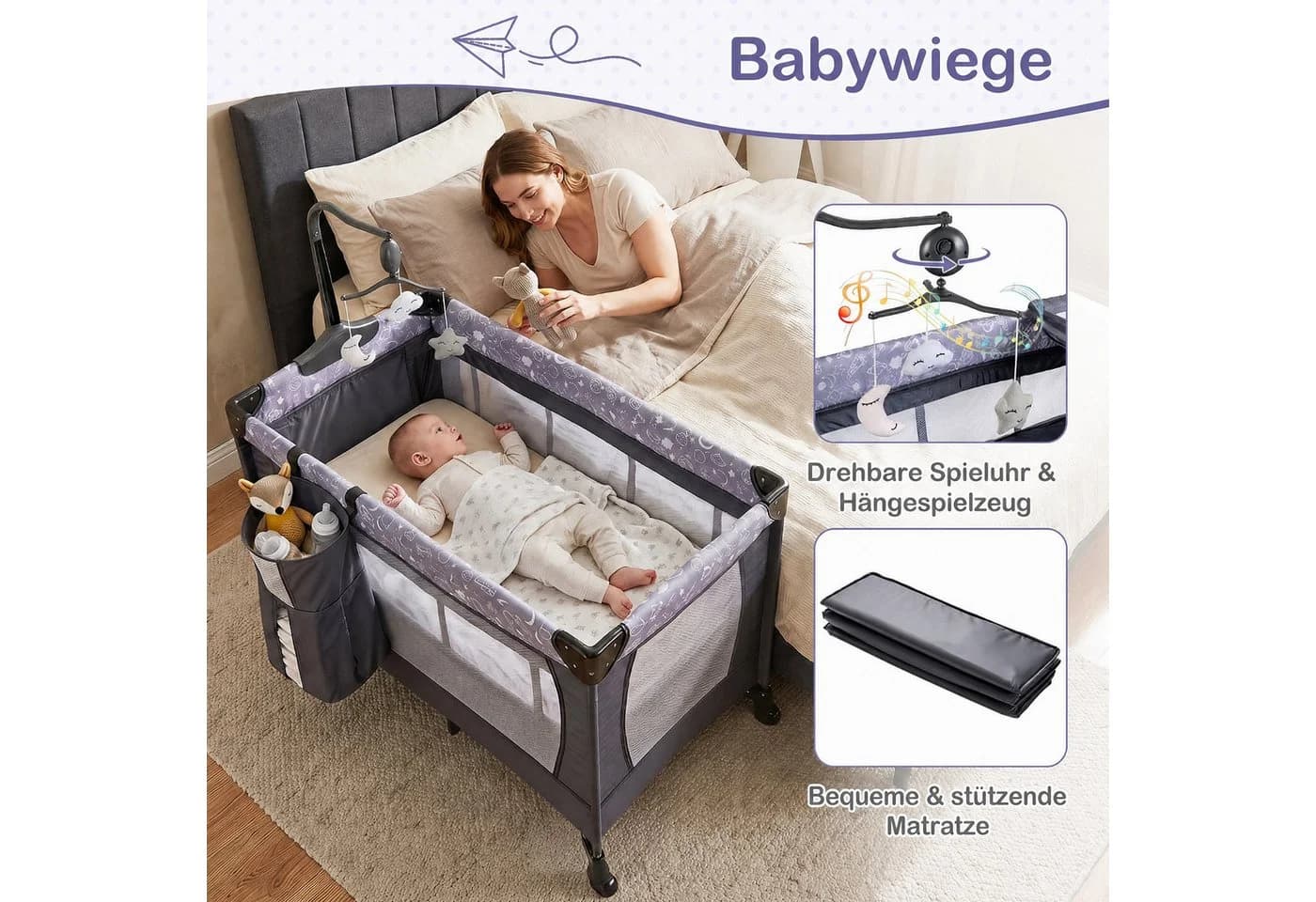 COSTWAY Beistellbett 3 in 1 Reisebett Grau Klappbar mit Matratze - Bild 5