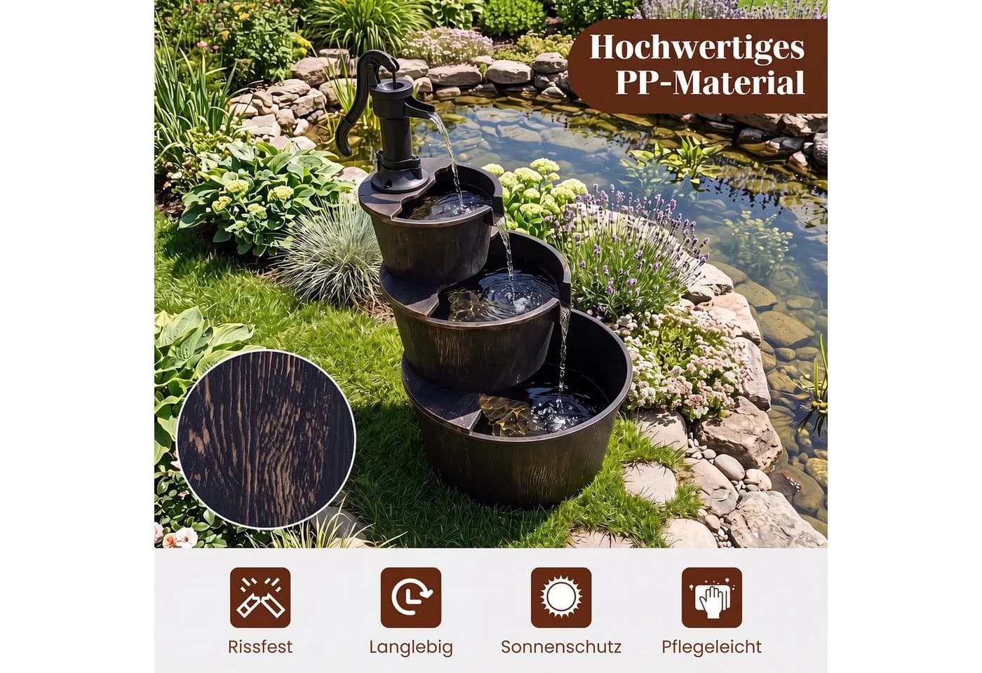 COSTWAY 3-stufiger Gartenbrunnen Wasserspiel mit Pumpe Antikbronze