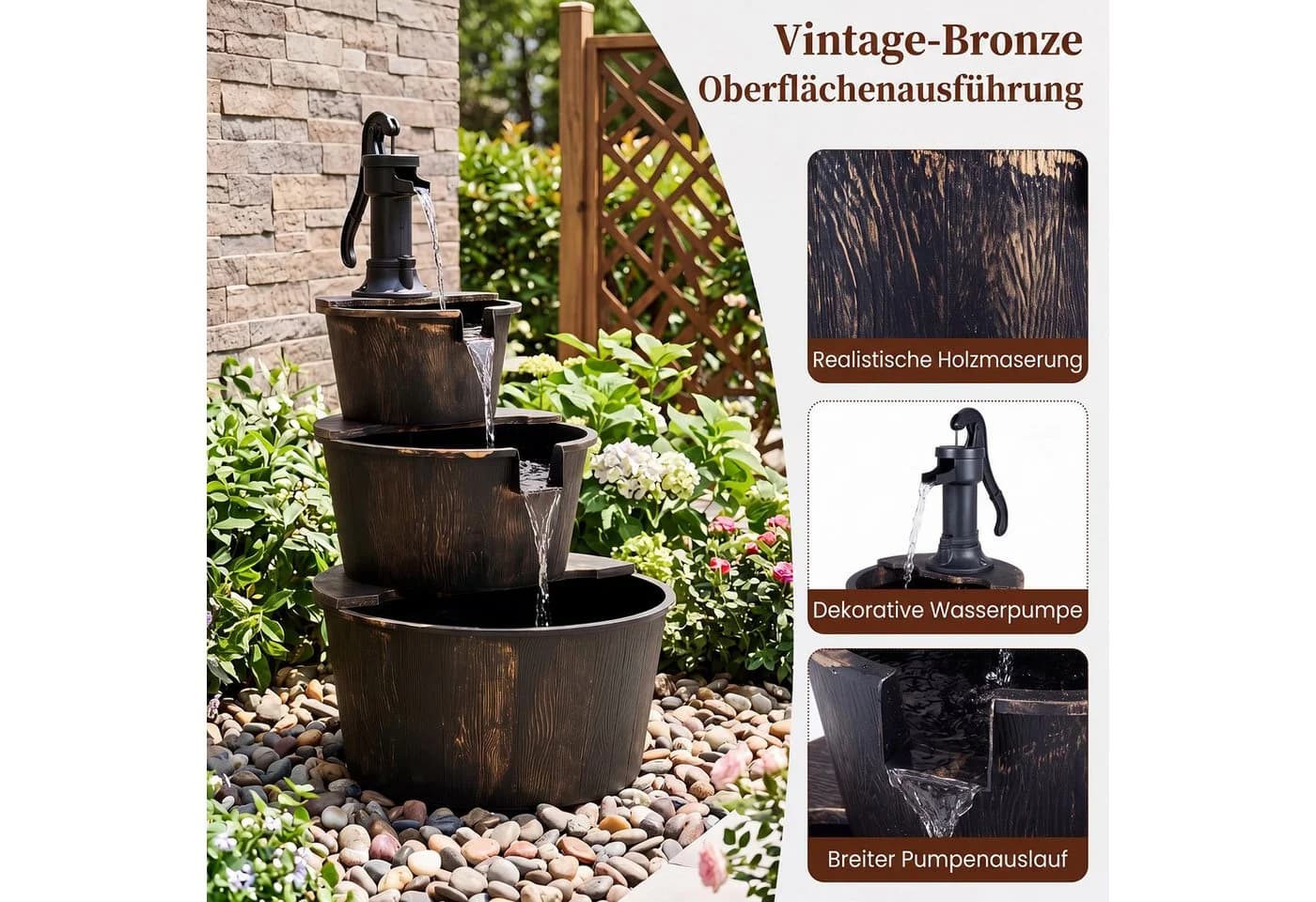 COSTWAY 3-stufiger Gartenbrunnen Wasserspiel mit Pumpe Antikbronze - Bild 3