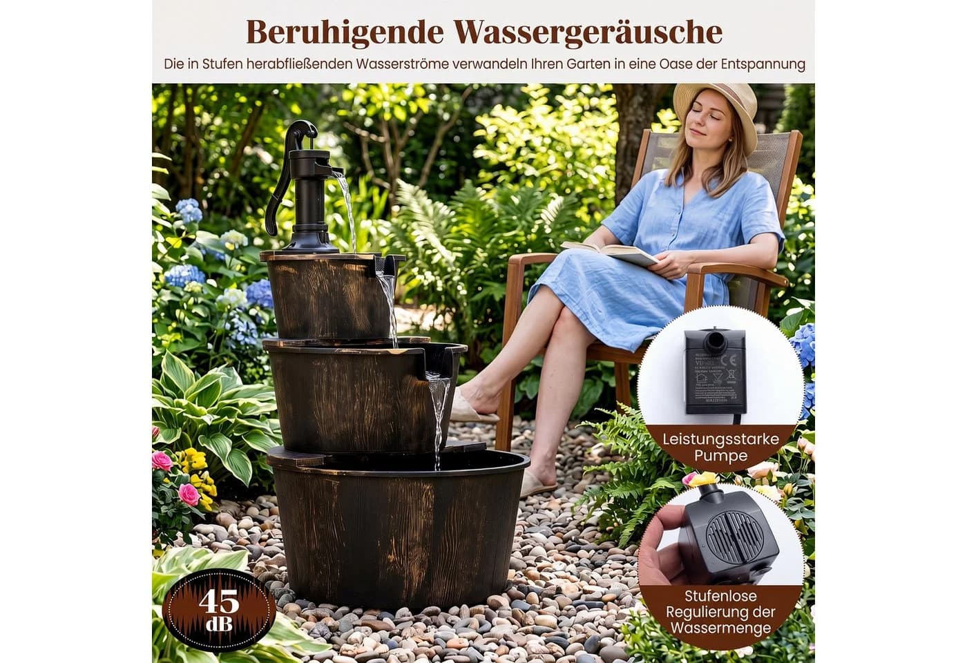 COSTWAY 3-stufiger Gartenbrunnen Wasserspiel mit Pumpe Antikbronze - Bild 4