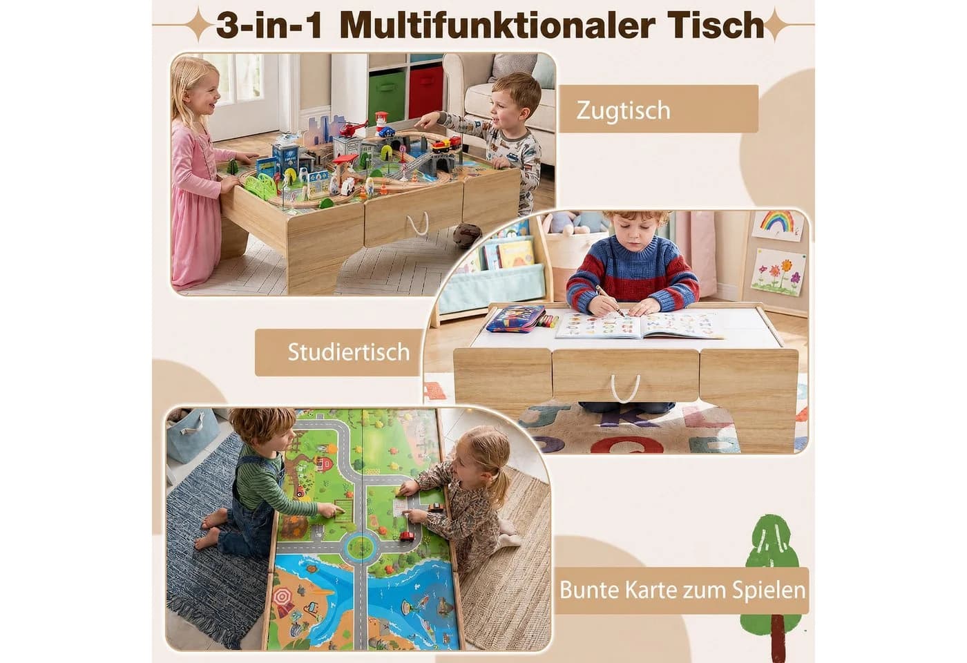 COSTWAY Holz-Spieltisch mit Eisenbahn-Set 110-tlg. 3-in-1 Design