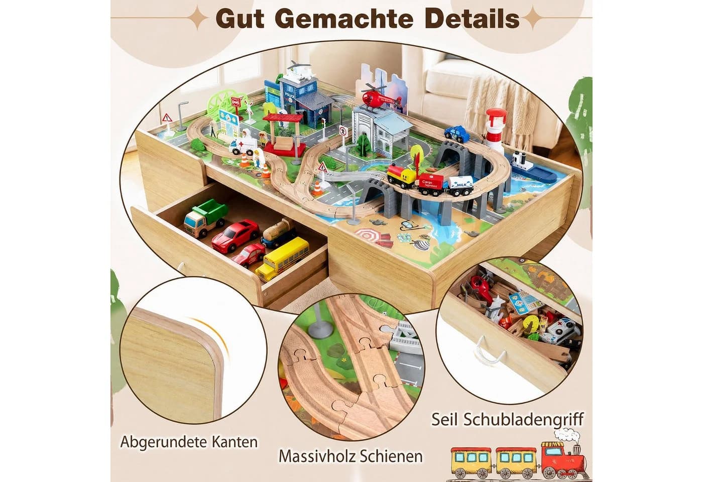 COSTWAY Holz-Spieltisch mit Eisenbahn-Set 110-tlg. 3-in-1 Design - Bild 3