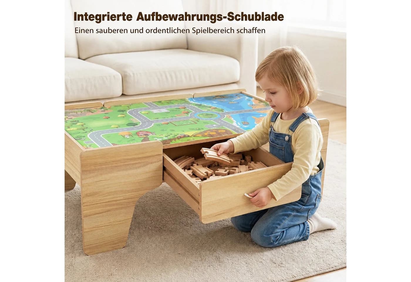 COSTWAY Holz-Spieltisch mit Eisenbahn-Set 110-tlg. 3-in-1 Design - Bild 4
