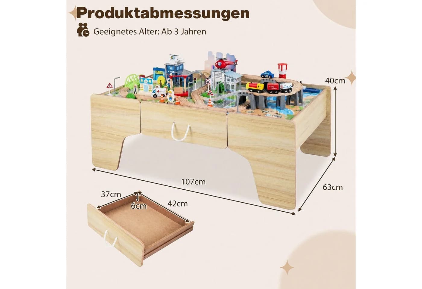 COSTWAY Holz-Spieltisch mit Eisenbahn-Set 110-tlg. 3-in-1 Design - Bild 5