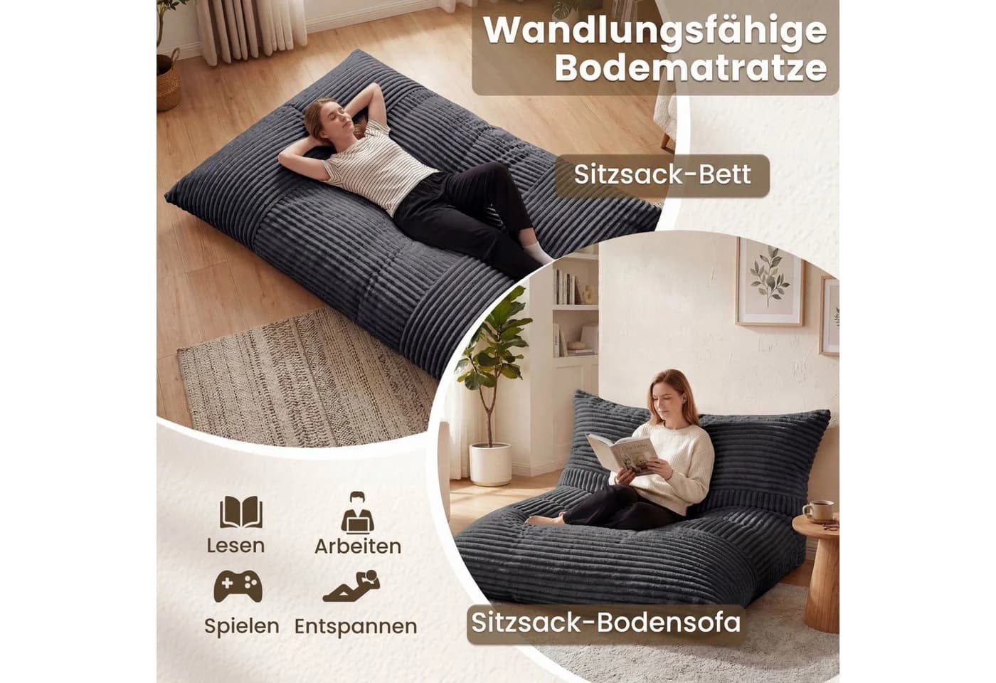COSTWAY Sitzsack Cordstoff 2-in-1 Bodensessel Beige/Grau