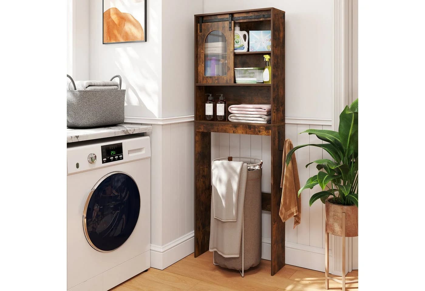 COSTWAY Badregal Toilettenschrank Rustikal Braun/Weiß mit Schiebetür