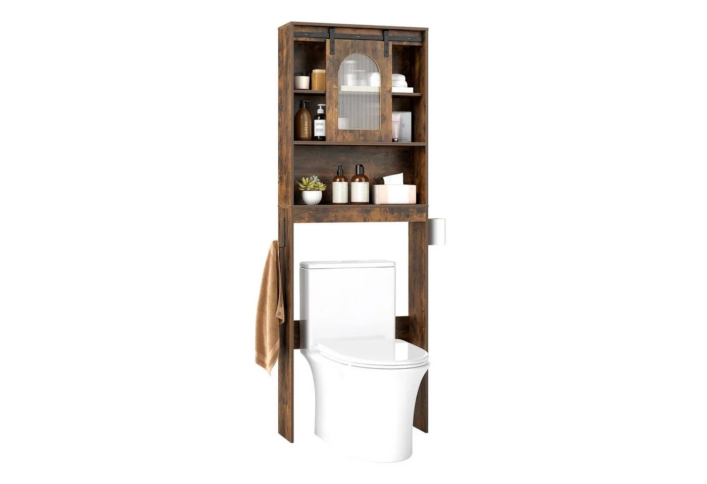 COSTWAY Badregal Toilettenschrank Rustikal Braun/Weiß mit Schiebetür - Bild 2