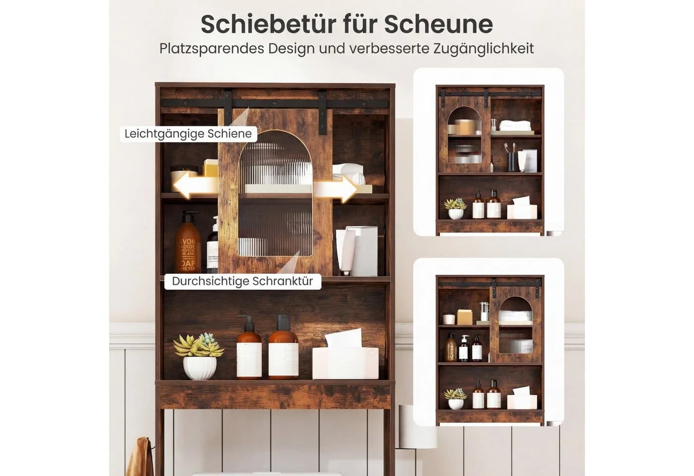 COSTWAY Badregal Toilettenschrank Rustikal Braun/Weiß mit Schiebetür - Bild 4