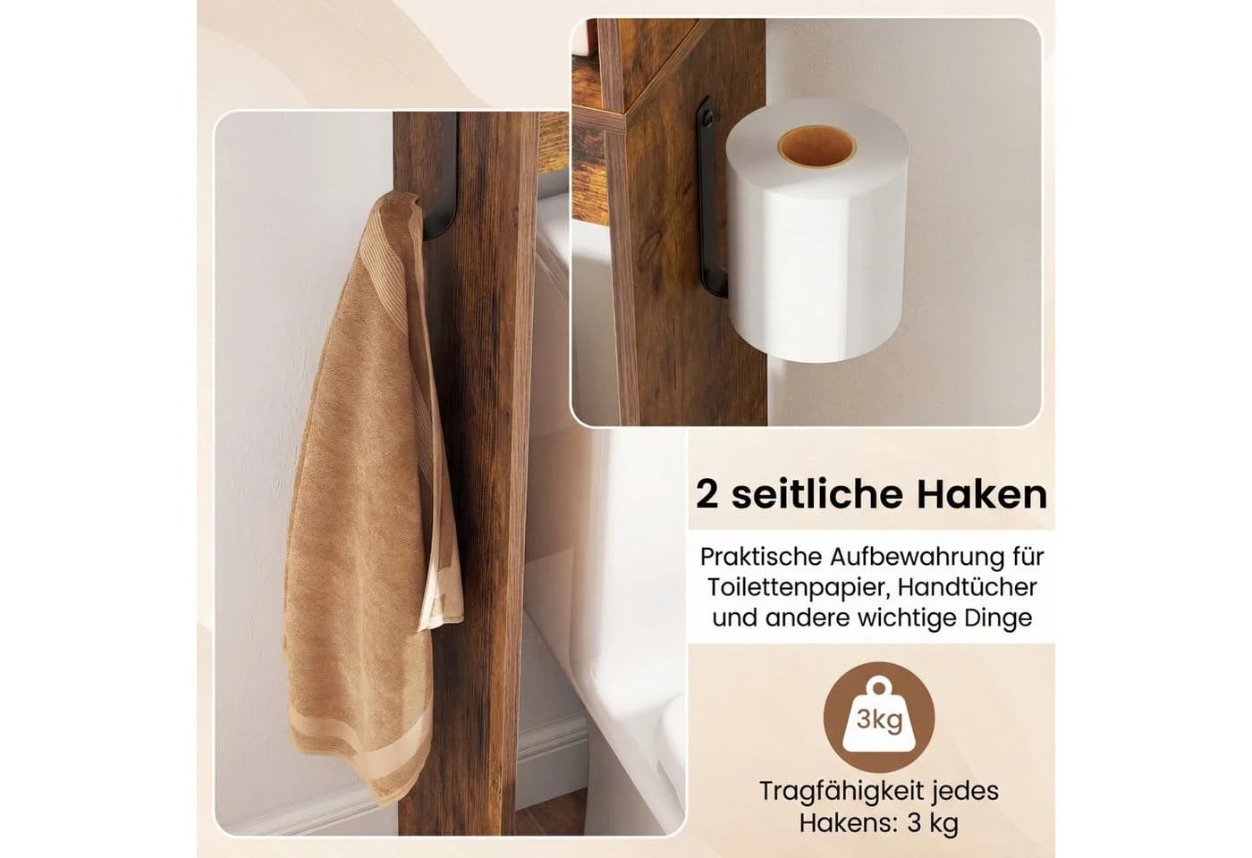COSTWAY Badregal Toilettenschrank Rustikal Braun/Weiß mit Schiebetür - Bild 5