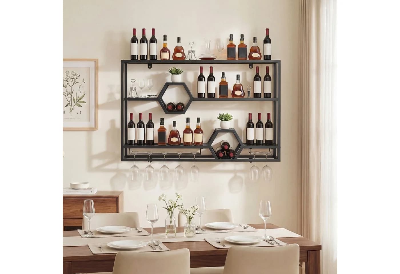 COSTWAY Weinregal Wand Metall Schwarz/Gold mit Glashalter