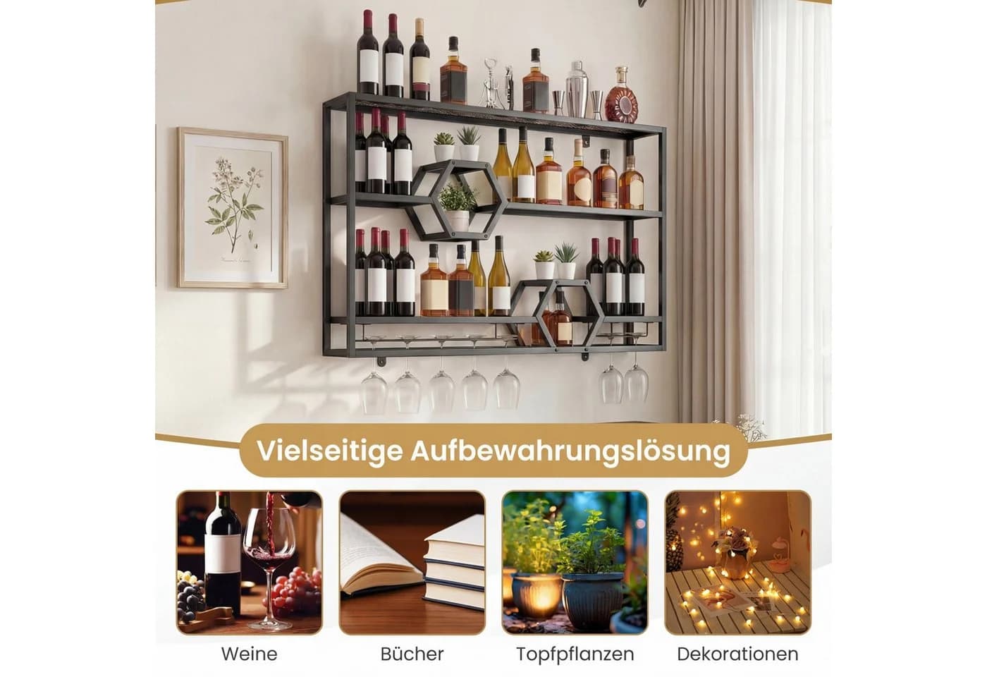 COSTWAY Weinregal Wand Metall Schwarz/Gold mit Glashalter - Bild 4