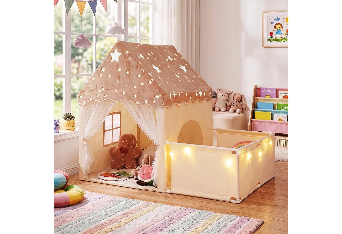 COSTWAY Spielzelt 2 in 1 Kinderzelt mit Laufstall Beige/Grau/Rosa