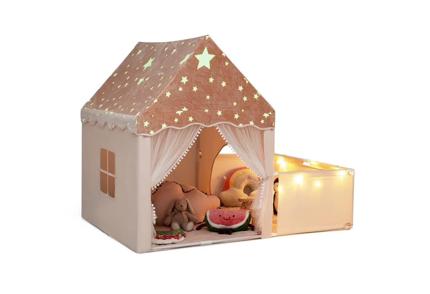 COSTWAY Spielzelt 2 in 1 Kinderzelt mit Laufstall Beige/Grau/Rosa - Bild 2