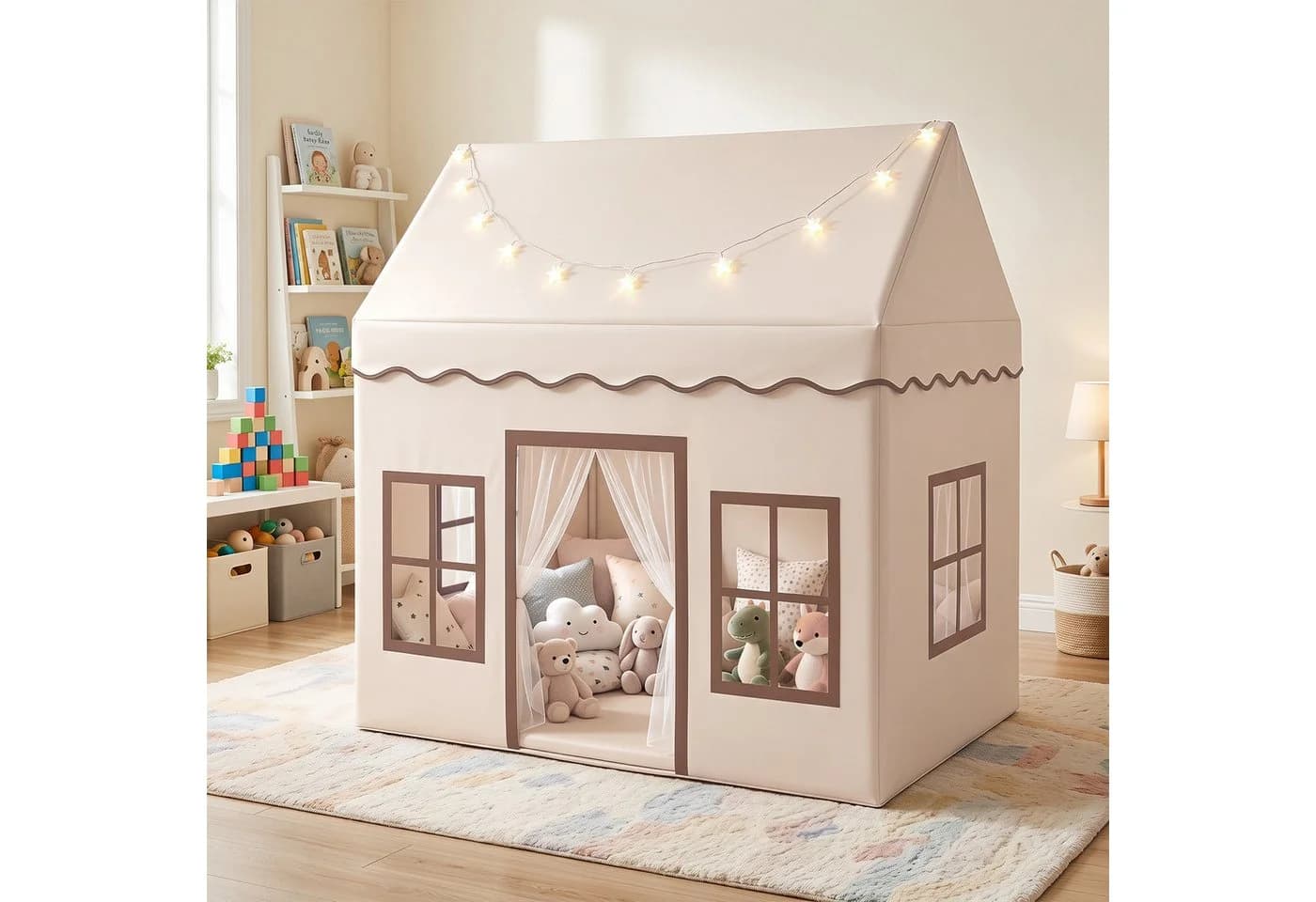COSTWAY Spielzelt mit Hinterhof Kinderspielhaus Beige Grau Braun
