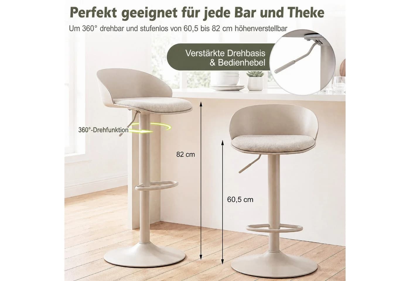 COSTWAY Barhocker 2er Set höhenverstellbar beige - Bild 4