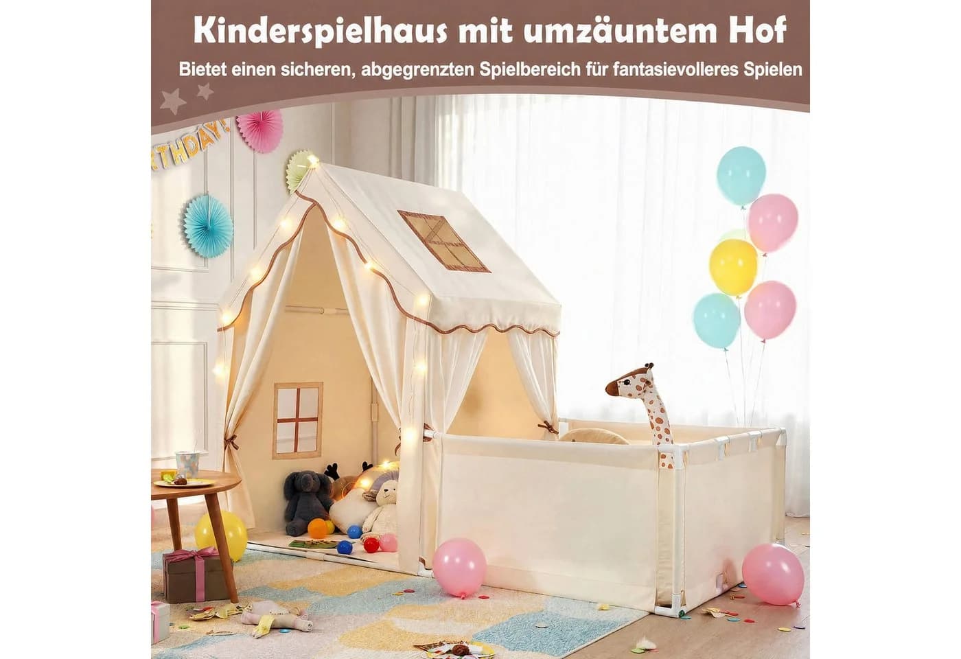 COSTWAY Spielzelt mit Sternenlichtern und Vorhof Beige