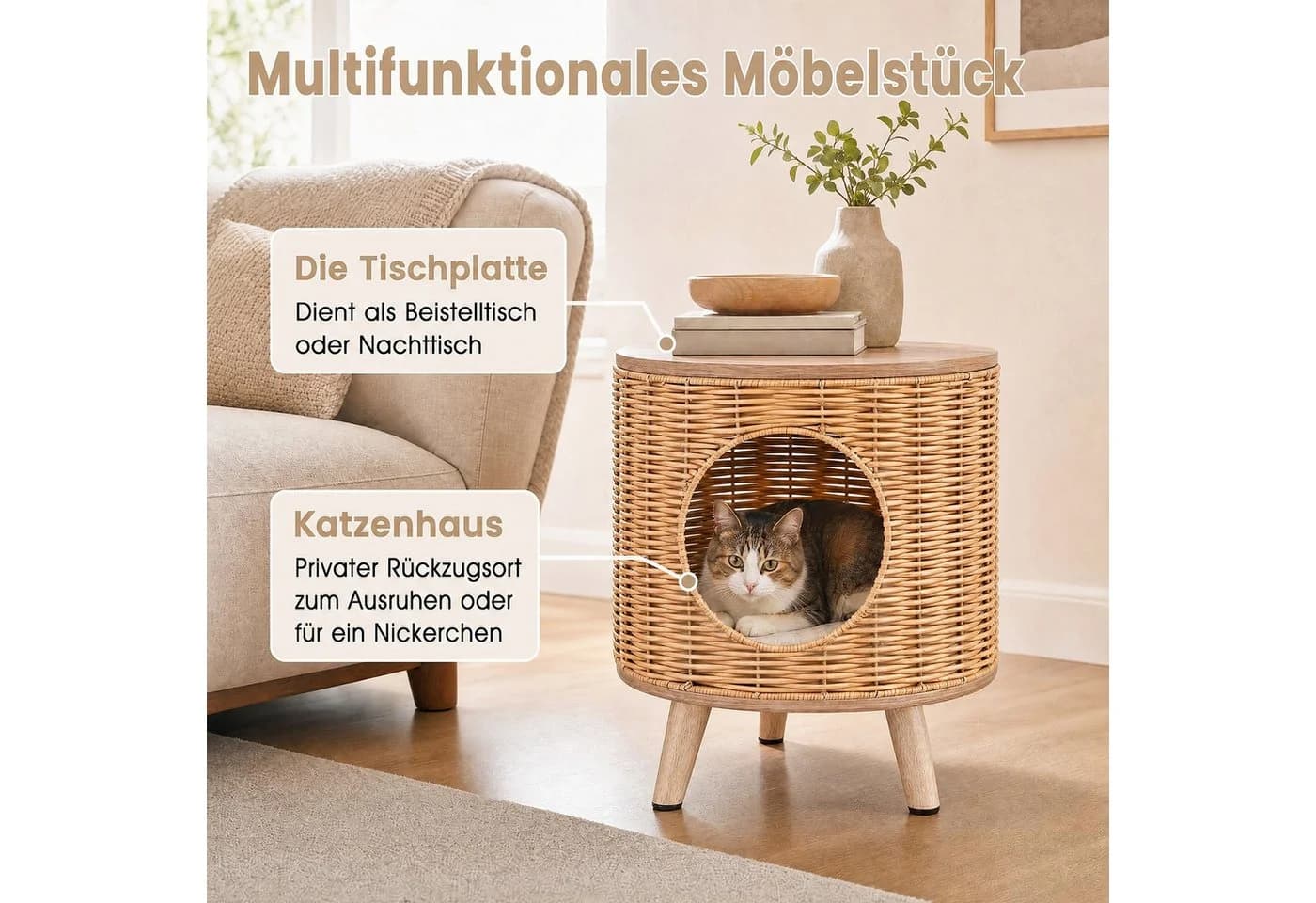 COSTWAY Katzenhaus mit Höhle und Beistelltisch Natur PE-Rattan - Bild 3