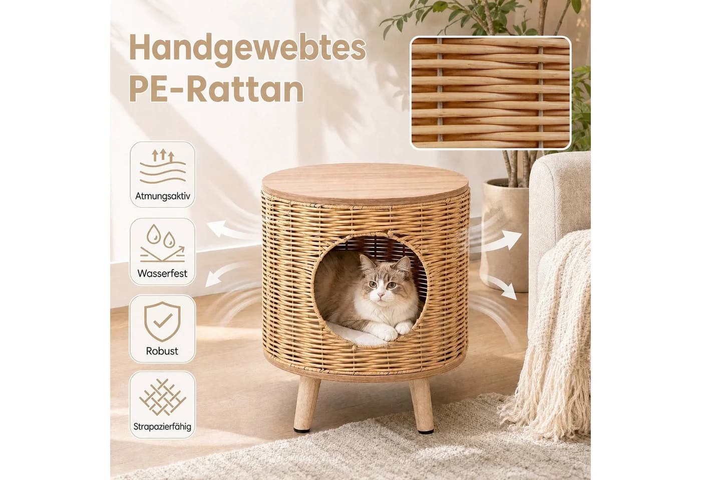 COSTWAY Katzenhaus mit Höhle und Beistelltisch Natur PE-Rattan - Bild 4