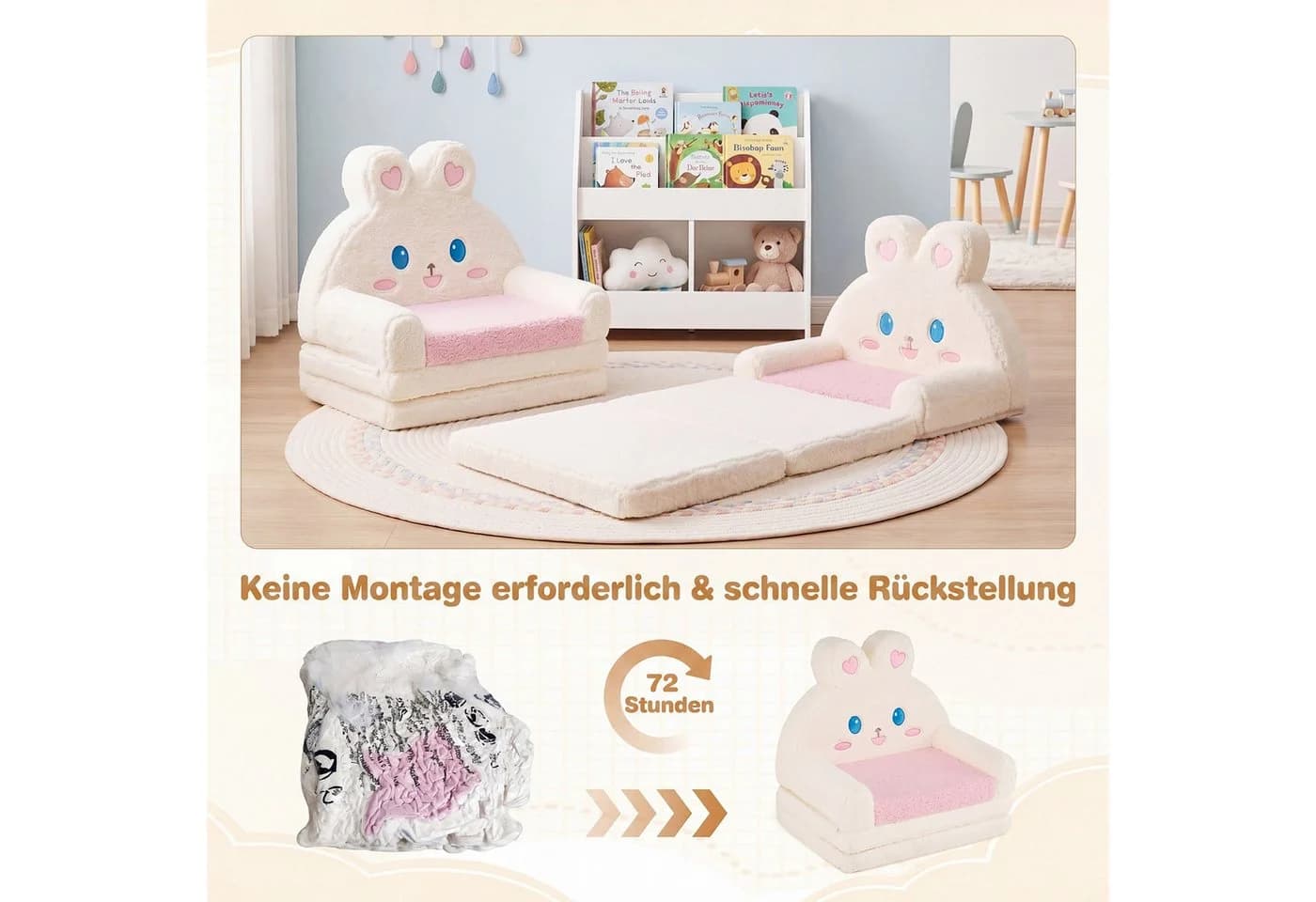 COSTWAY Kindersofa 2-in-1 Rosa Klappbar mit Hasen-Design - Bild 3