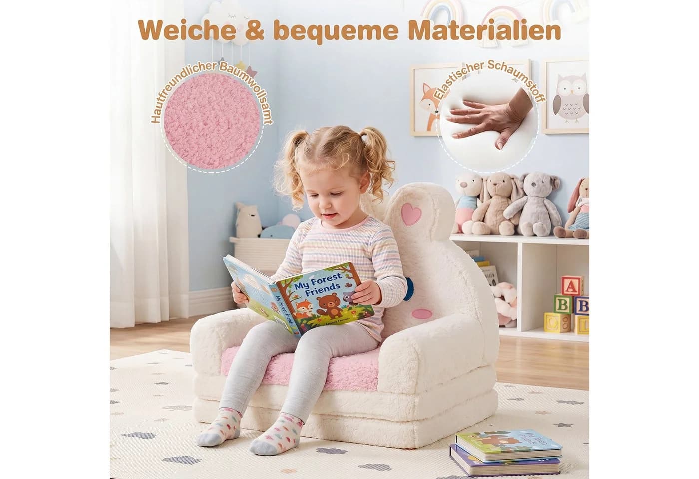COSTWAY Kindersofa 2-in-1 Rosa Klappbar mit Hasen-Design - Bild 5