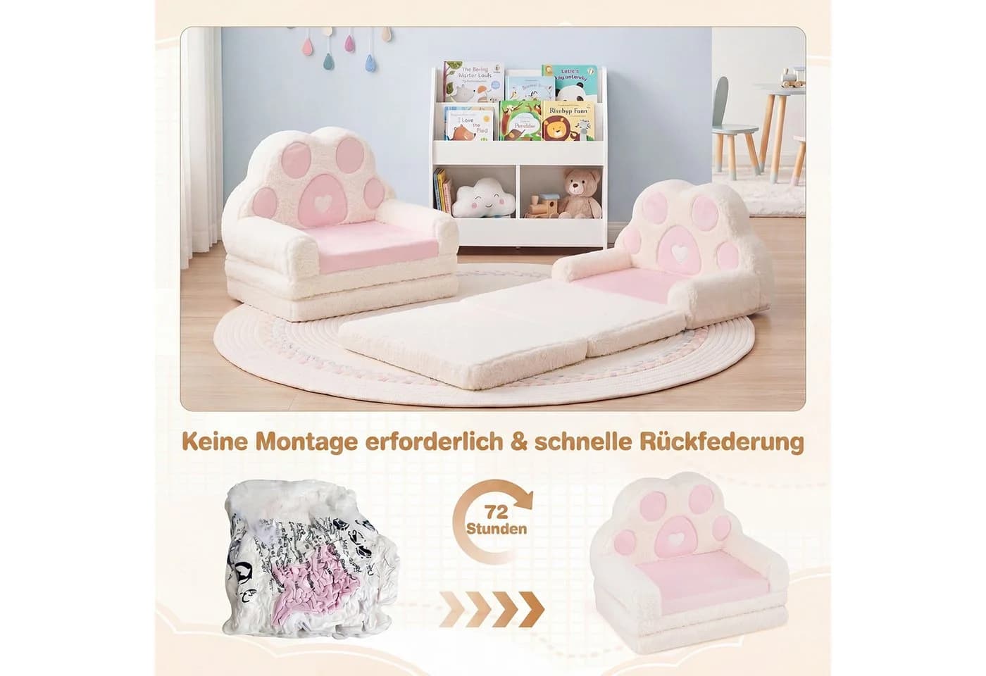 COSTWAY Kindersofa 2 in 1 Rosa mit Bärentatzen-Design