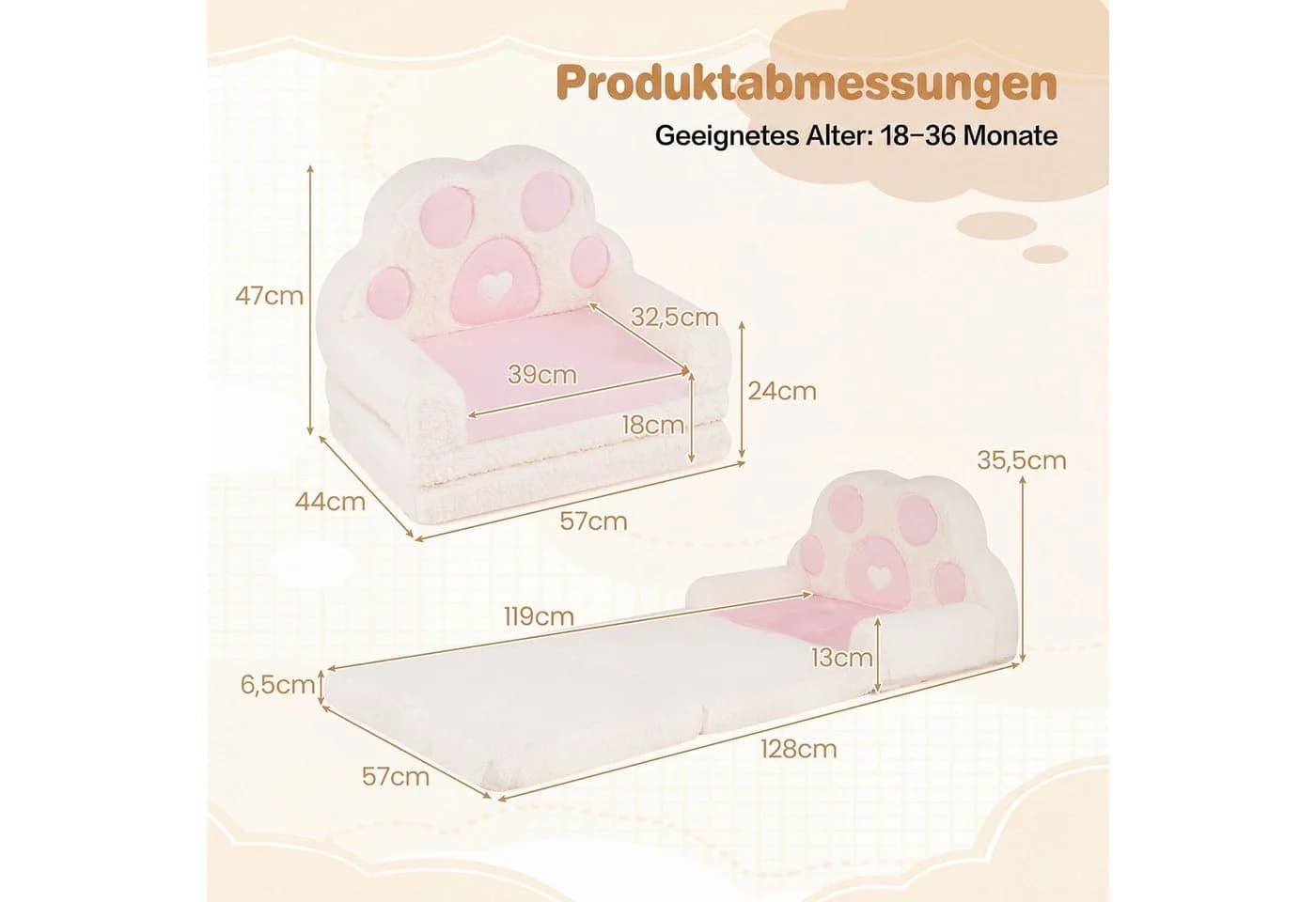 COSTWAY Kindersofa 2 in 1 Rosa mit Bärentatzen-Design - Bild 3