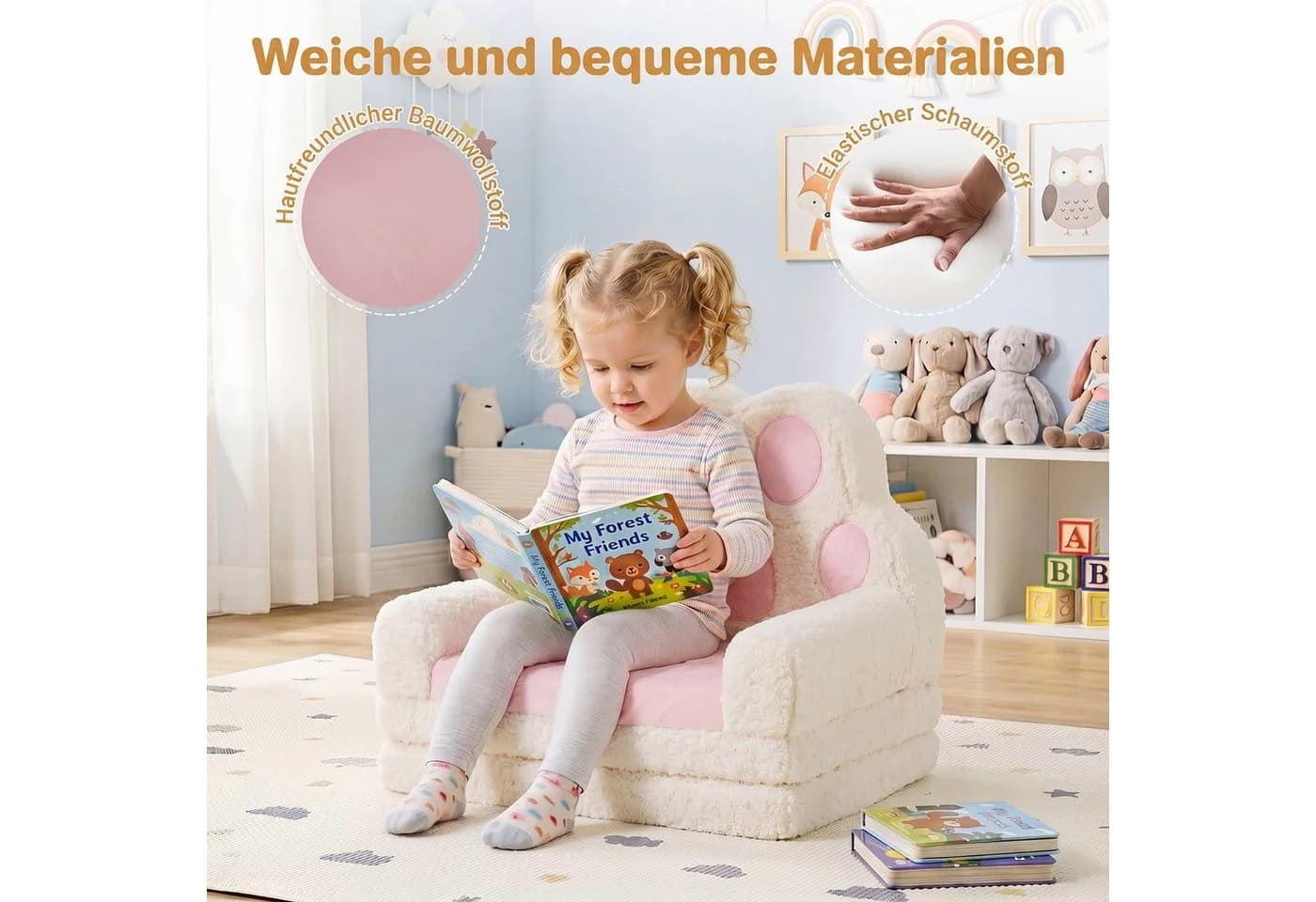 COSTWAY Kindersofa 2 in 1 Rosa mit Bärentatzen-Design - Bild 4