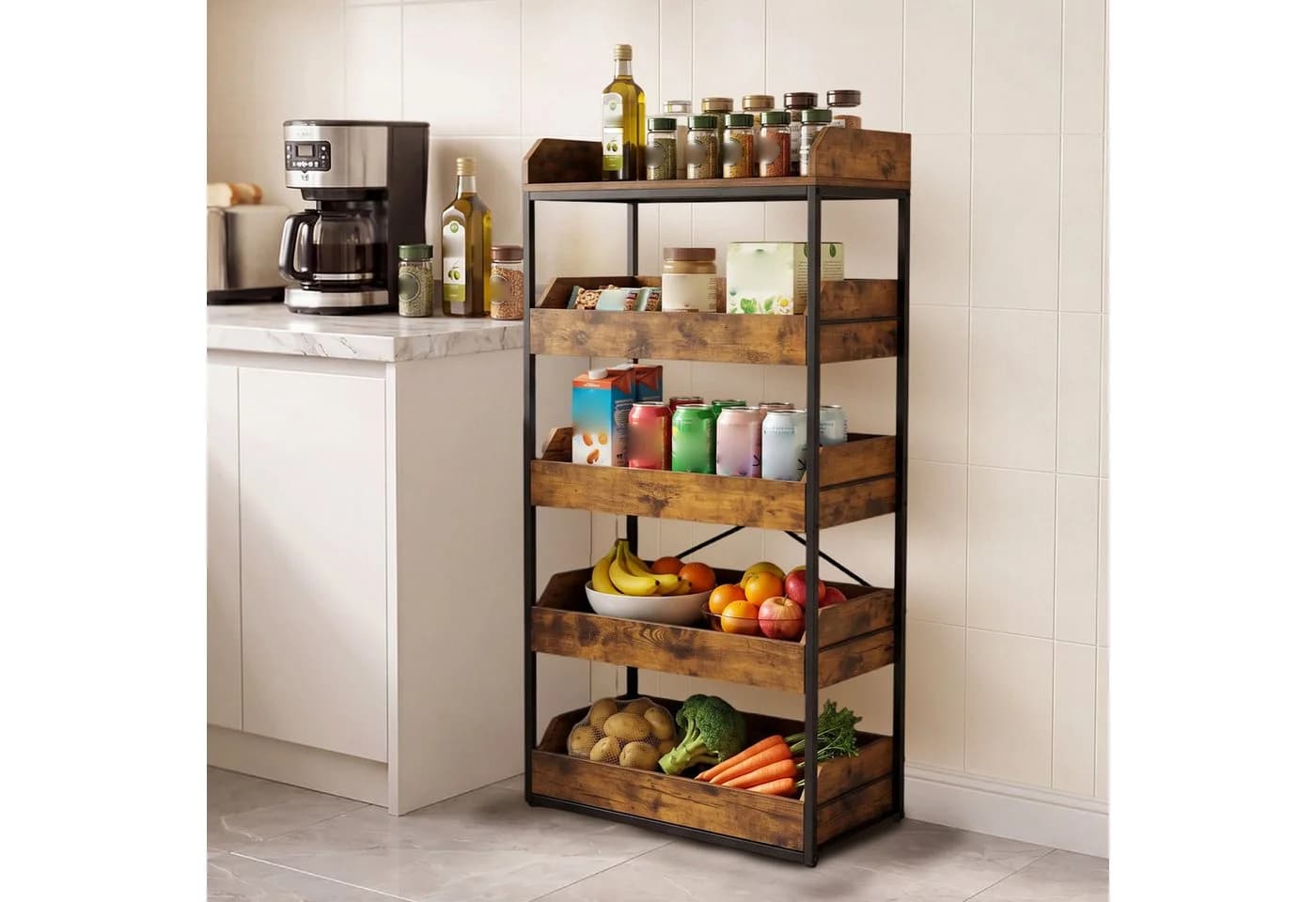 COSTWAY Küchenregal stehend mit 4 Schubladen, braun, Industrial-Design